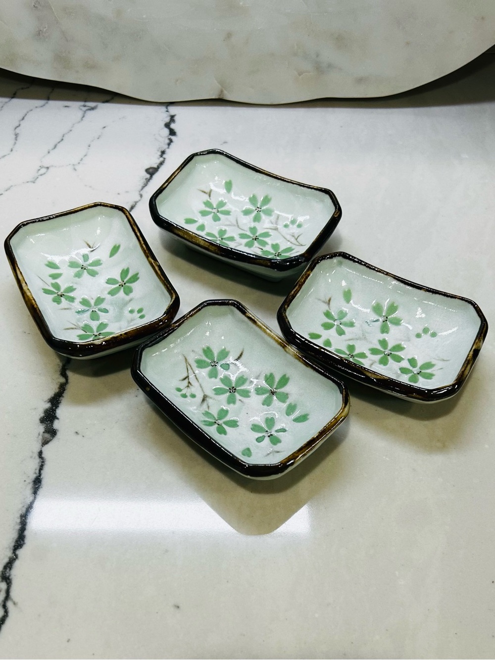 Cute Porcelain Green & Brown Flower Mini Dish Set of Four